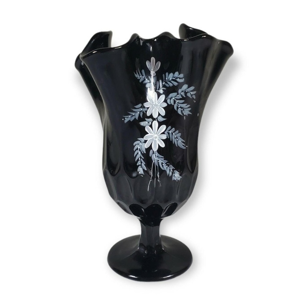 Fenton Black Glass Footed Swung Handkerchief THUMBPRINT Vase Painted MCM Flowers